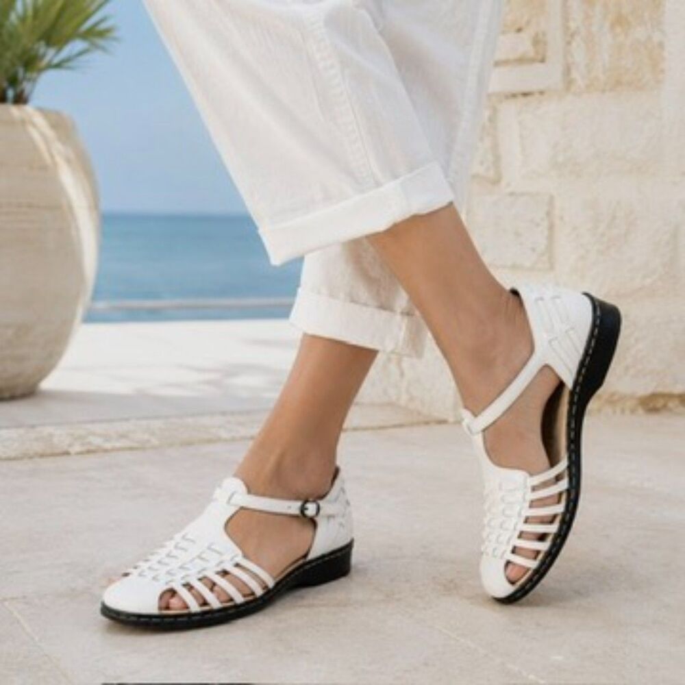 Softspots Tatianna White Leather Fisherman Comfort Sandals Womens 7.5 Wide